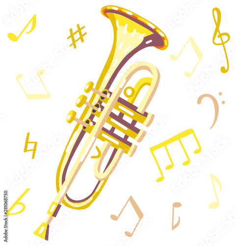 Flat vector illustration of a trumpet with musical symbols. Warm and golden colors