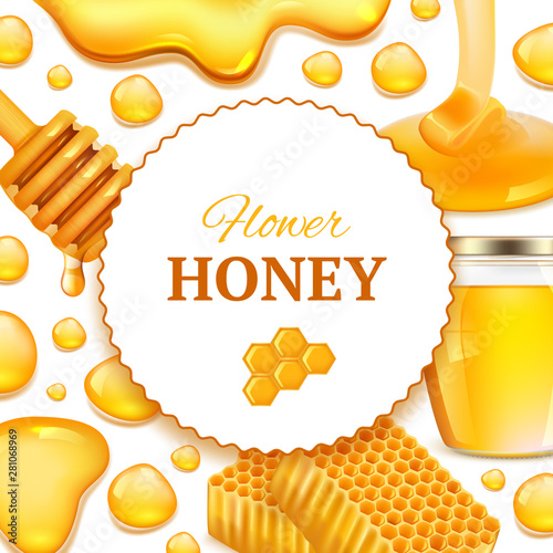 Honey background. Realistic frame with honeycomb and sticky golden honey farm fresh food splashes vector picture with place for text. Golden honey food, healthy organic nutrition dessert illustration