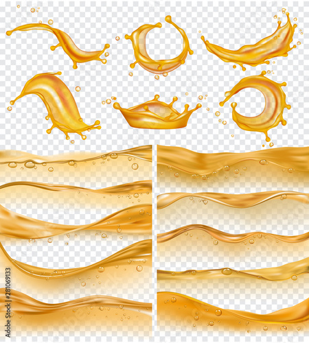 Oil waves. Realistic golden liquid surface of oil petrol flow drops and splashes fuel vector collection. Olive oil and fuel golden color flow illustration