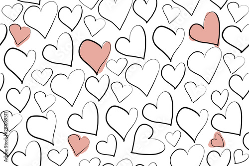 hand drawing doodle pattern with different hearts and pink spots on a white background. raster illustration for prints, wallpapers, templates