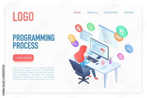 Programming process landing page isometric vector template. Software development 3d concept. Female coder, programmer courses. Digital technology. Computer science, IT industry website homepage layout