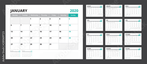 2020 calendar planner set for template corporate design week start on Monday.