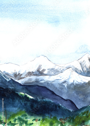 Valokuva Watercolor abstract background landscape of majestic mountain chain of snowy peaks with green area in foreground beneath high blue and white sky