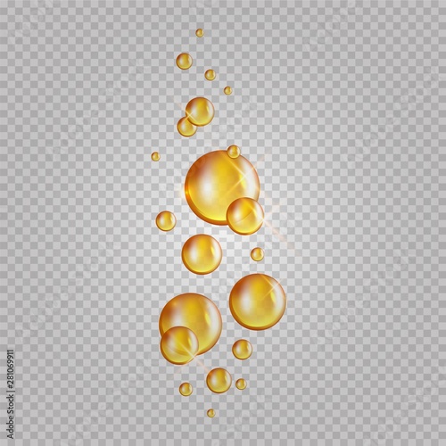 Gold oil bubbles. Vector blink collagen capsules. Cosmetics oil drops isolated on transparent background. Realistic essence gold collagen illustration