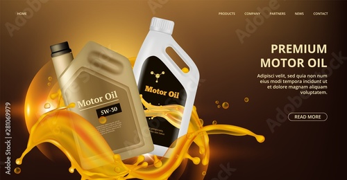 Engine oil landing page. Vector motor oil web page. Realistic plastic canistre, car repair banner. Motor fuel for engine car, bottle oil illustration