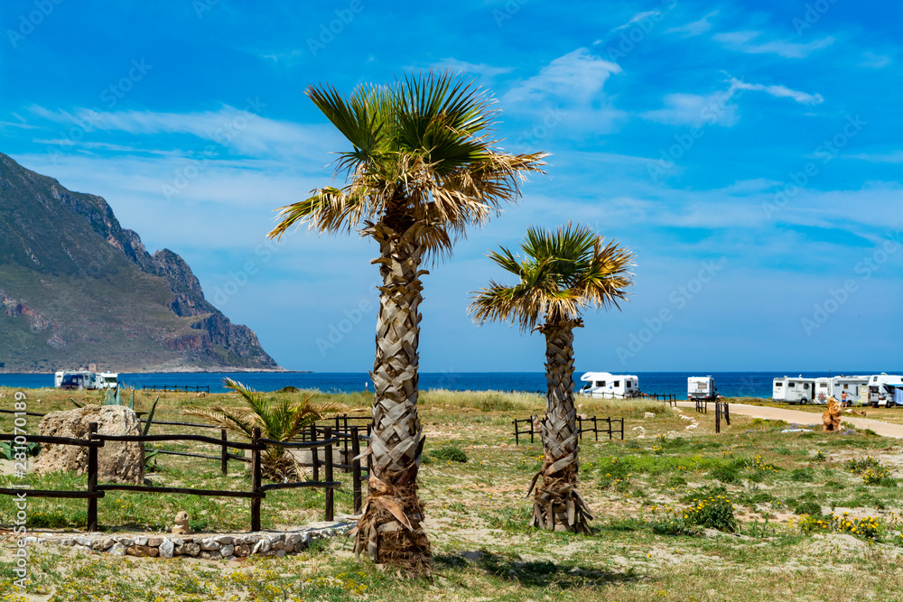 Camper, mobile home or caravan vacation, free parking of beach with palm trees and blue sea Camper, mobile home or caravan vacation, free parking of beach with palm trees and blue sea