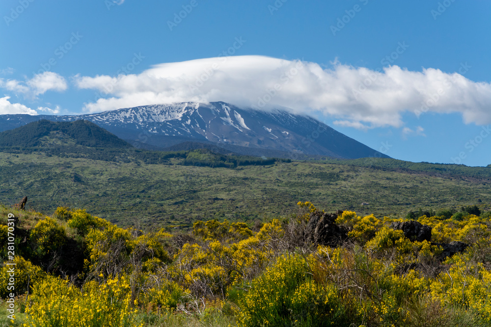 View on dangerous active stratovolcano Mount Etna on east coast of island Sicily, Italy