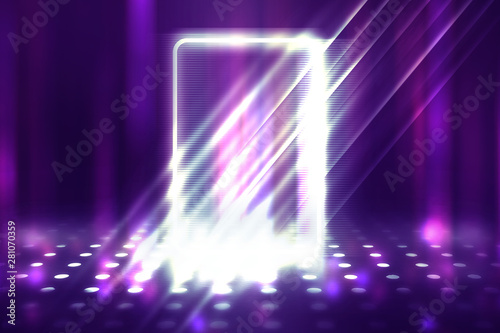 Empty background scene. Ultraviolet light, bokeh, blurred rays. Rays of neon light in the dark, neon figures, smoke. Background of empty stage show. Abstract dark background.