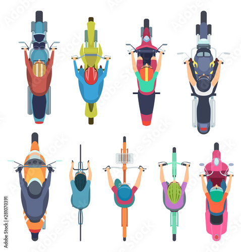 Bicycle top view. People driving bike in helmet riders moped and cycle road traffic vector illustrations. Motorcycle and moped, motorcyclist traffic, scooter and motorbike