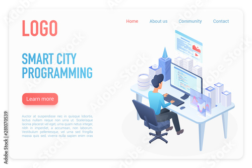 Modern business solutions landing page isometric vector template. Architect working at desk, smart city model on desktop. Business strategy. Urban construction website homepage 3D concept