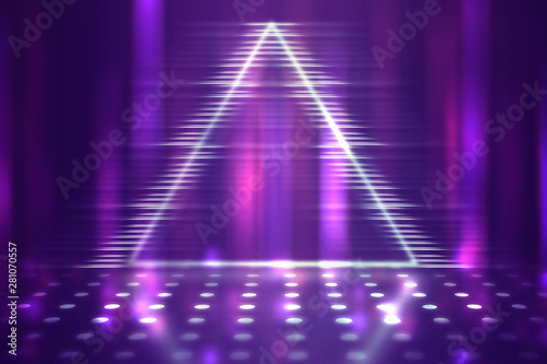 Empty background scene. Ultraviolet light, bokeh, blurred rays. Rays of neon light in the dark, neon figures, smoke. Background of empty stage show. Abstract dark background.