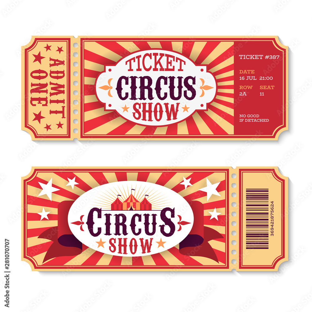 Circus tickets. Magic show entrance vintage paper ticket, festival
