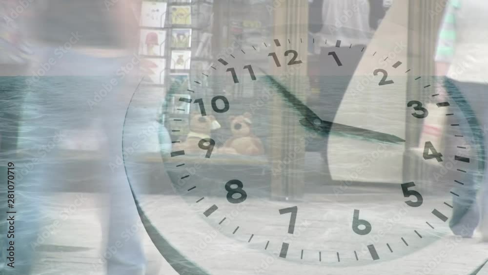 People walking fast with clock in the foreground