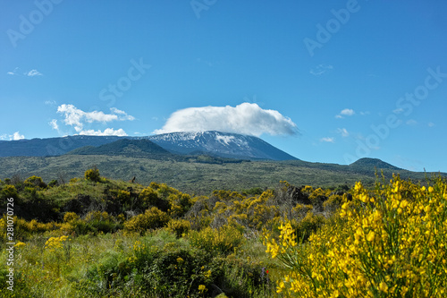 View on dangerous active stratovolcano Mount Etna on east coast of island Sicily, Italy