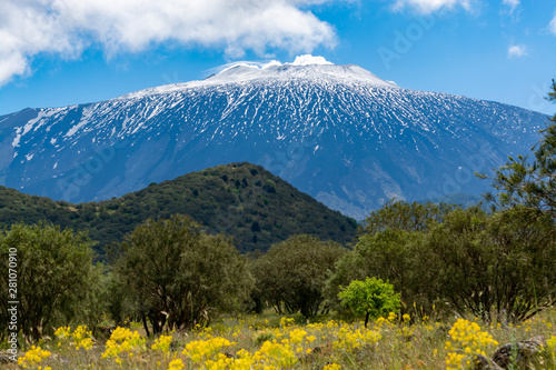 View on dangerous active stratovolcano Mount Etna on east coast of island Sicily, Italy