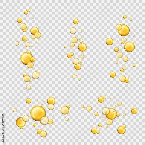 Oil bubbles. Shiny oil drops, cosmetic gold pill capsules collagen serum. Oily vitamin essence droplets. Flying yellow vector balls