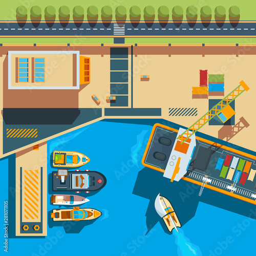 Ship top view. Seaside cargo boats dockyard terminal vector map above ship illustrations. Sea view top to port with ship, harbor marine
