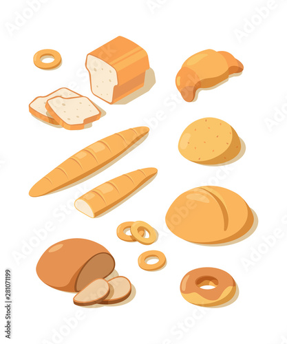 Fresh bread. Loaf pretzel fresh white and black baking bread from bakery pastries vector isometric food. Illustration of bakery bread, pretzel and baguette