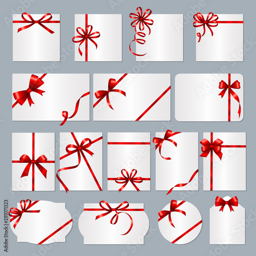Gift card frames. Red ribbons gift banners with place for text vector collection. Box gift with red bow, form and shape illustration