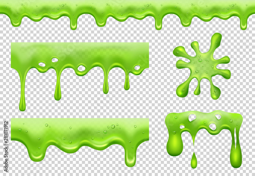 Slime. Green toxic flowing blotting and splatter dripping transparent liquids slimy vector realistic collection splashes. Toxic green splatter, drip and drop slime liquid illustration