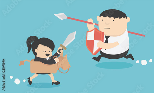 businesswoman  who is fighting against a stronger business man with courage and ambition.