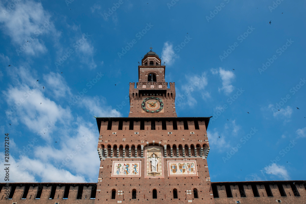 Main tower picture of Sforza Castle (Castello Sforzesco) in Milan, Italy