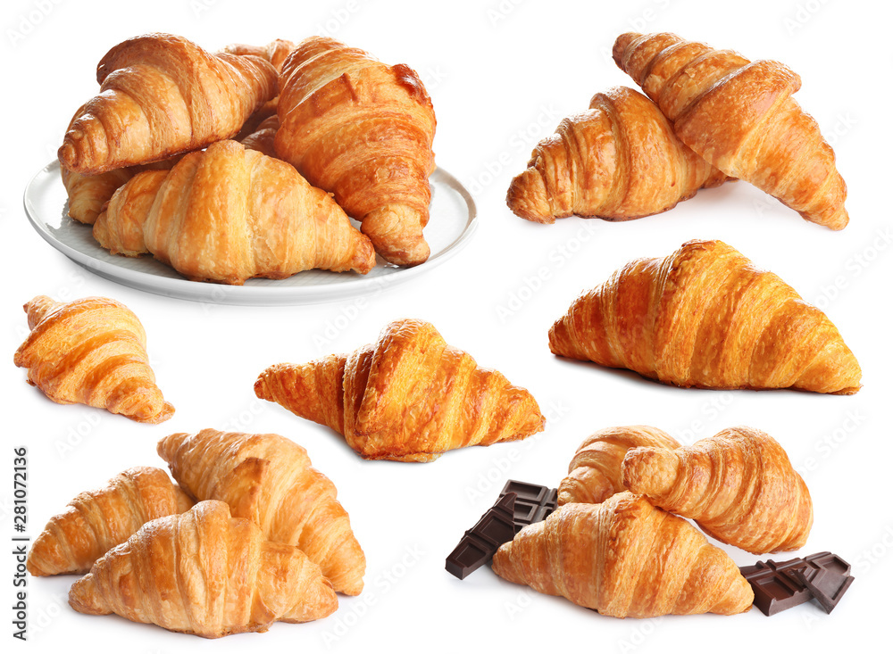 Set of delicious fresh baked croissants on white background. French pastry