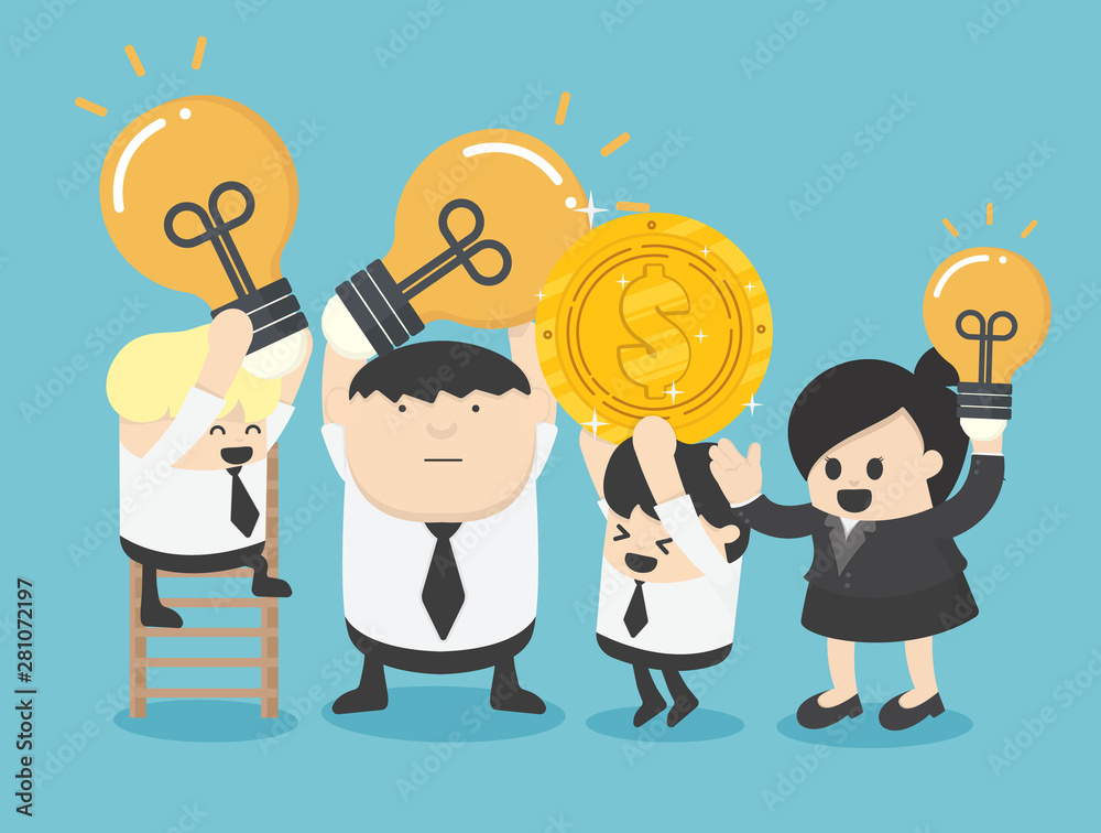 Leaders, businessmen, women, co-workers are showing gestures, holding coins and ideas that lead them to success Leaders, businessmen, women, co-workers are showing gestures, holding coins and ideas that lead them to success