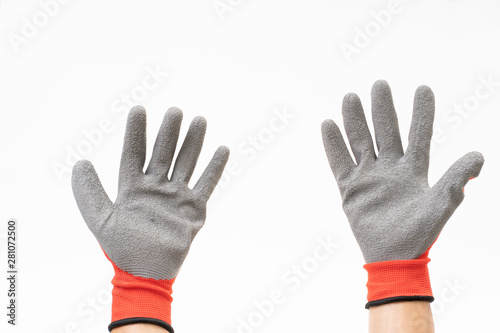 Man hand with red anti slip glove