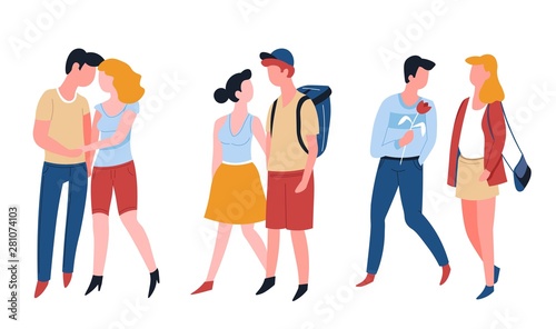 Romantic date couples walking guys and girls holding hands