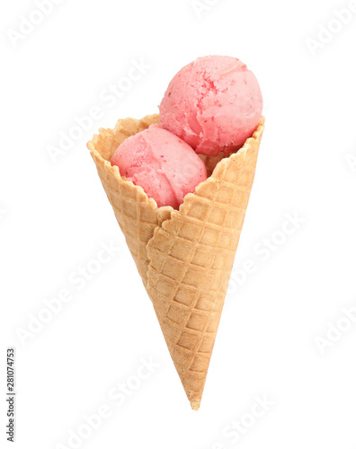 Delicious pink ice cream in waffle cone on white background
