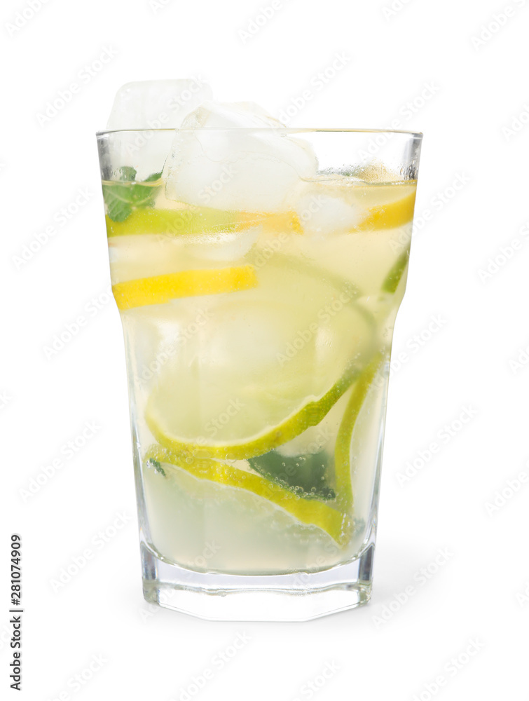 Glass of citrus refreshing drink with ice cubes on white background Glass of citrus refreshing drink with ice cubes on white background