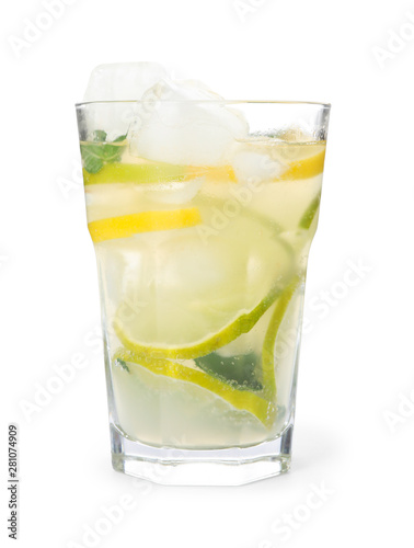 Glass of citrus refreshing drink with ice cubes on white background