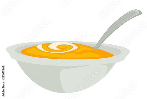 Pumpkin soup or mash in bowl with spoon isolated dish