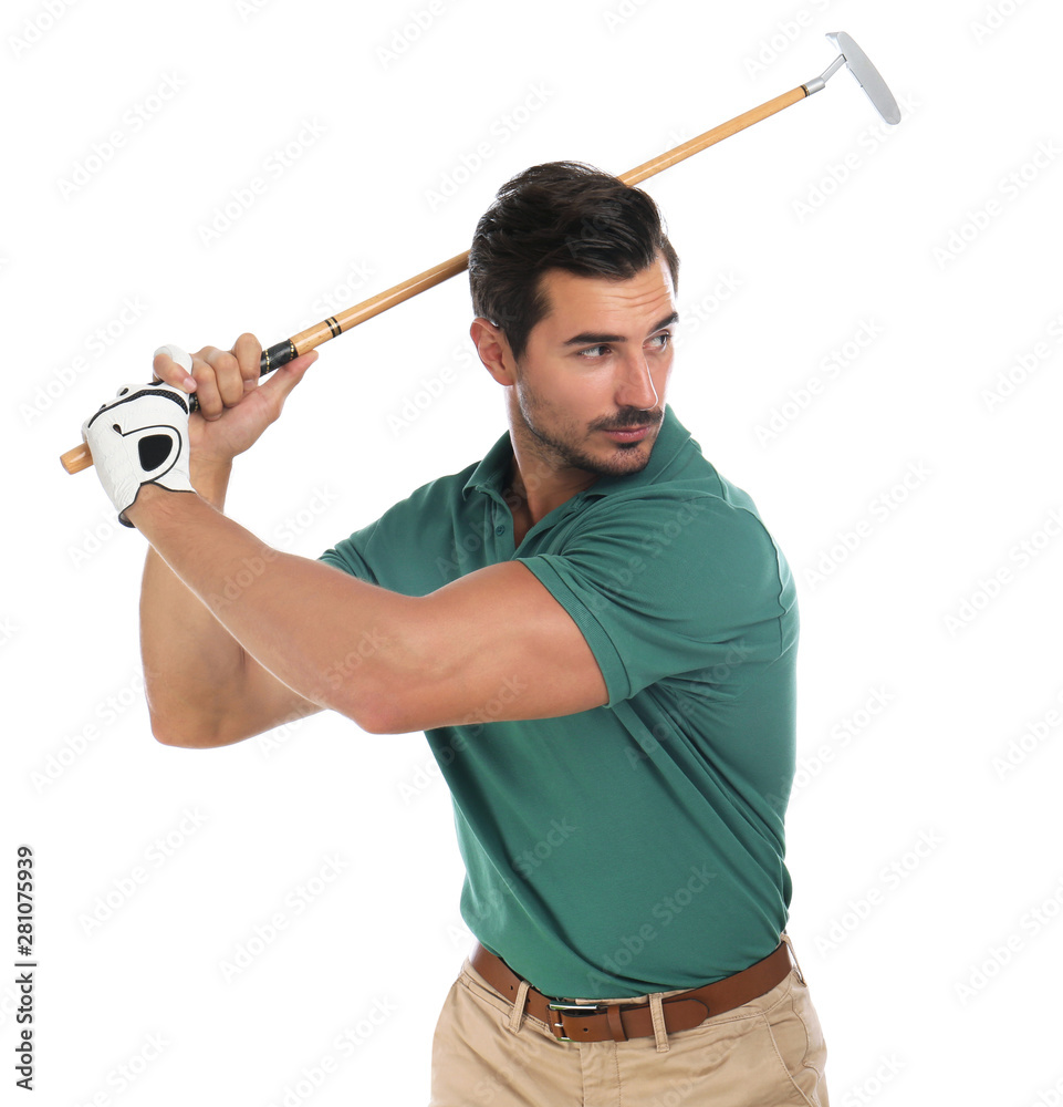 Young man playing golf on white background Young man playing golf on white background