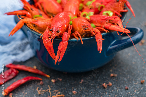 Closeup photo of a bowl of spicy crayfish and chili