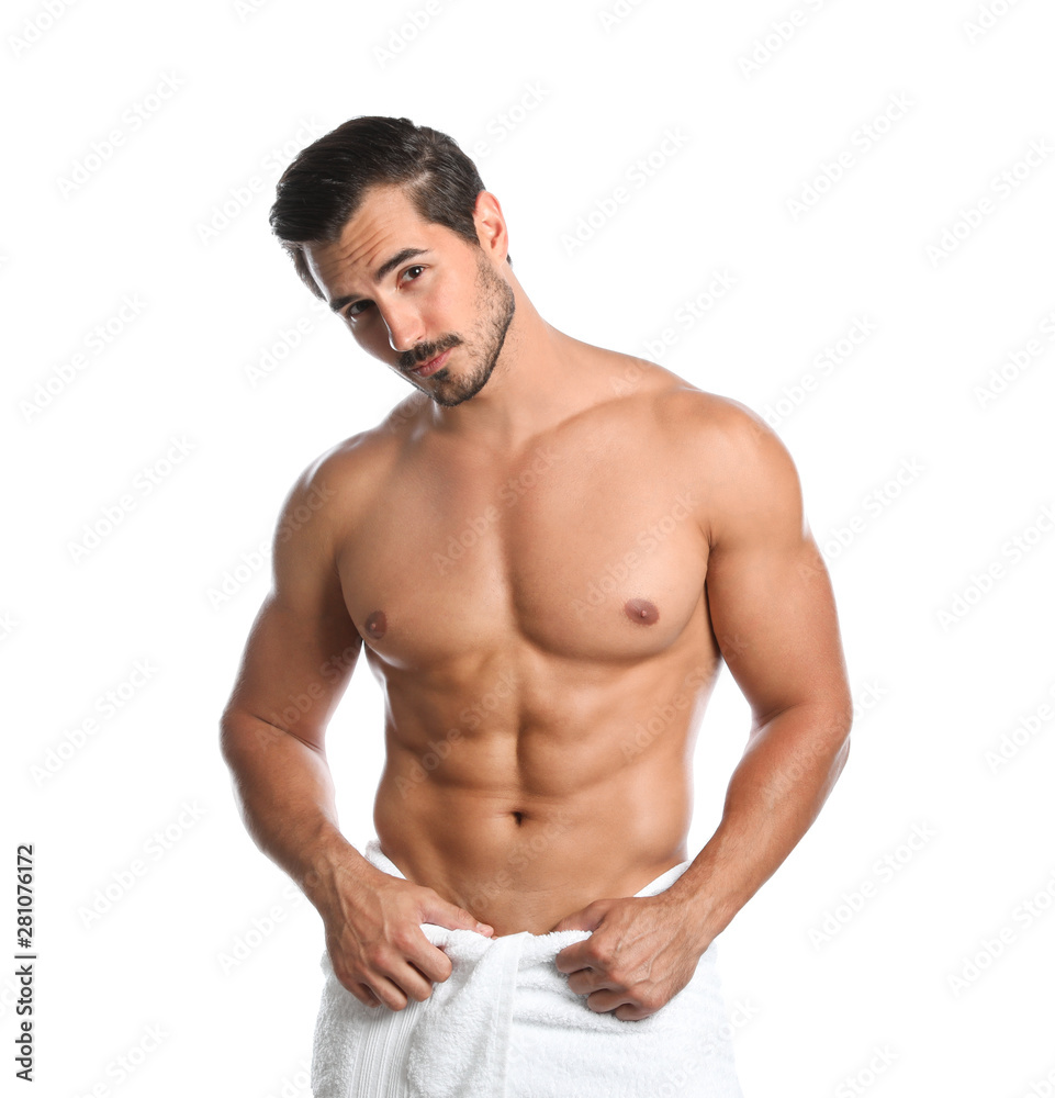 Young man with slim body on white background