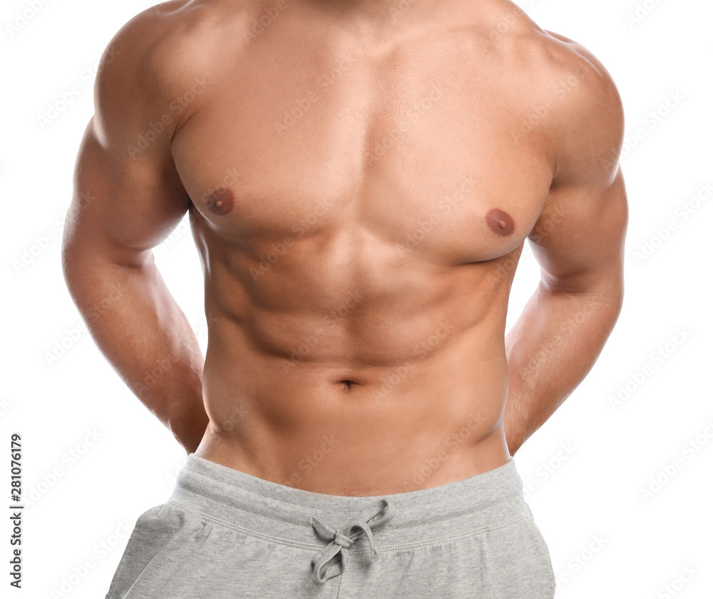 Young man with slim body on white background, closeup view