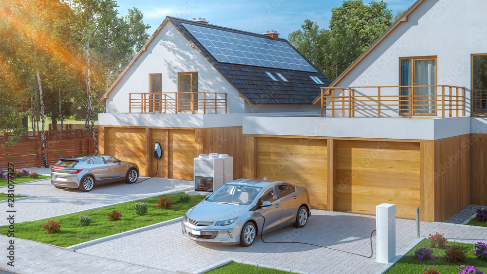 electric car parked in front of home modern low energy suburban house 3d rendering - obrazy, fototapety, plakaty 