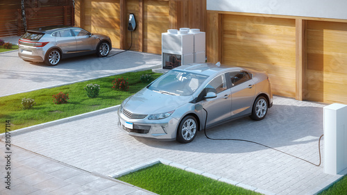 electric car parked in front of home modern low energy suburban house 3d rendering