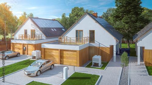 electric car parked in front of home modern low energy suburban house 3d rendering