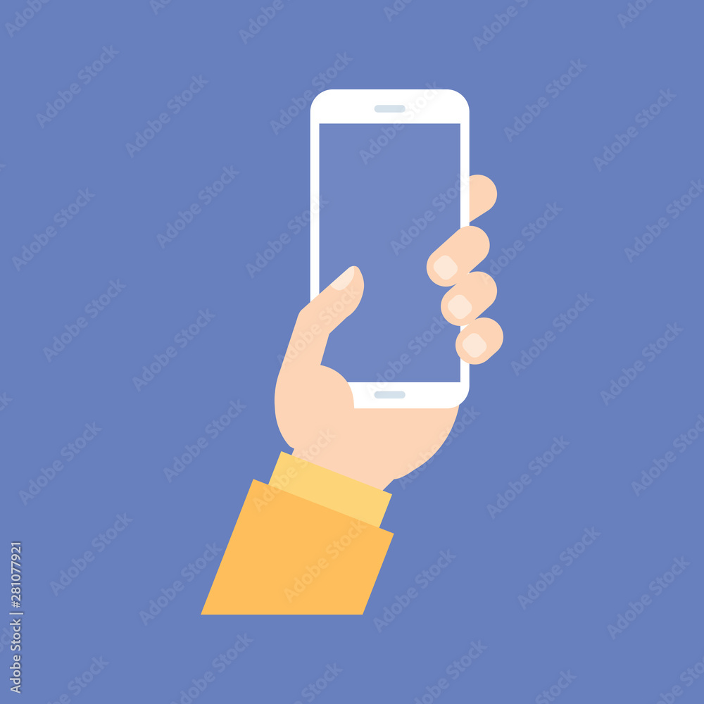 Male hand holding black smartphone with white blank screen. Man hand with mobile phone on white background. Phone display template. Flat style. Vector