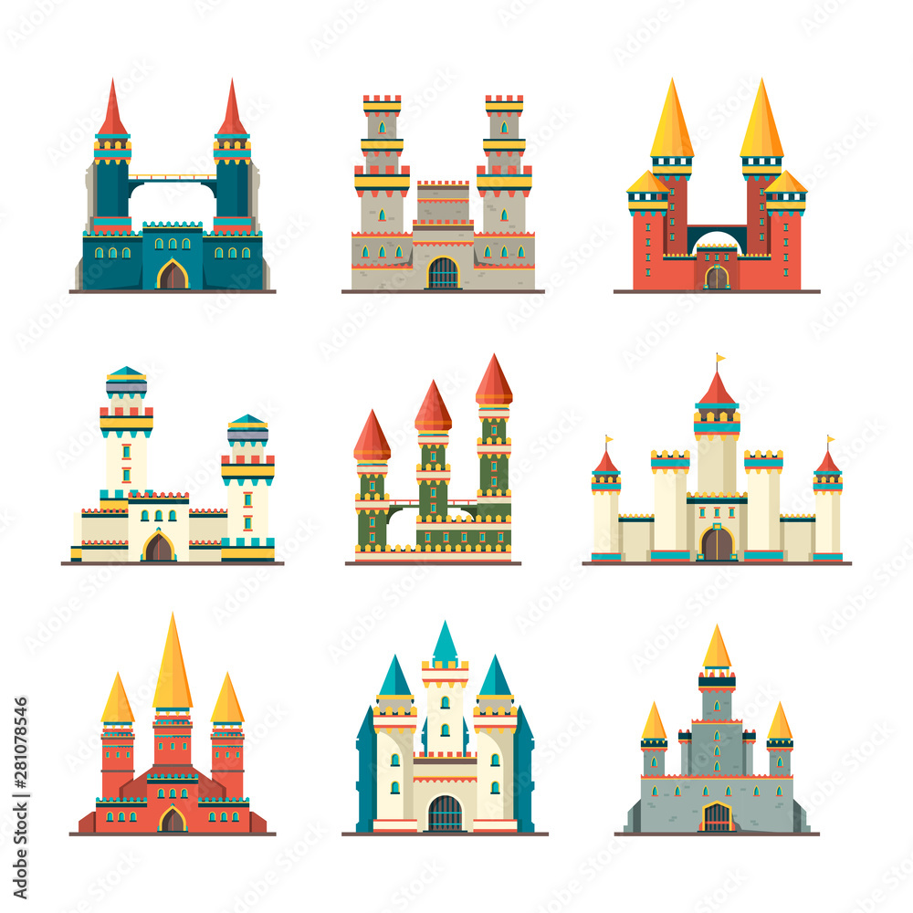 Castles medieval. Fairytale dome palace with big towers vector pictures of medieval constructions in flat style. Castle stone tower, palace medieval building illustration