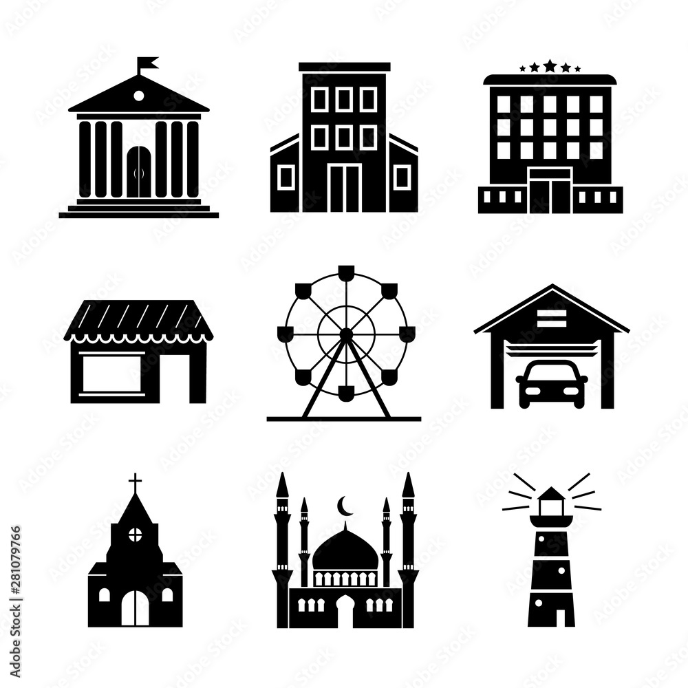 Collection of buildings. Cityscape set on white background