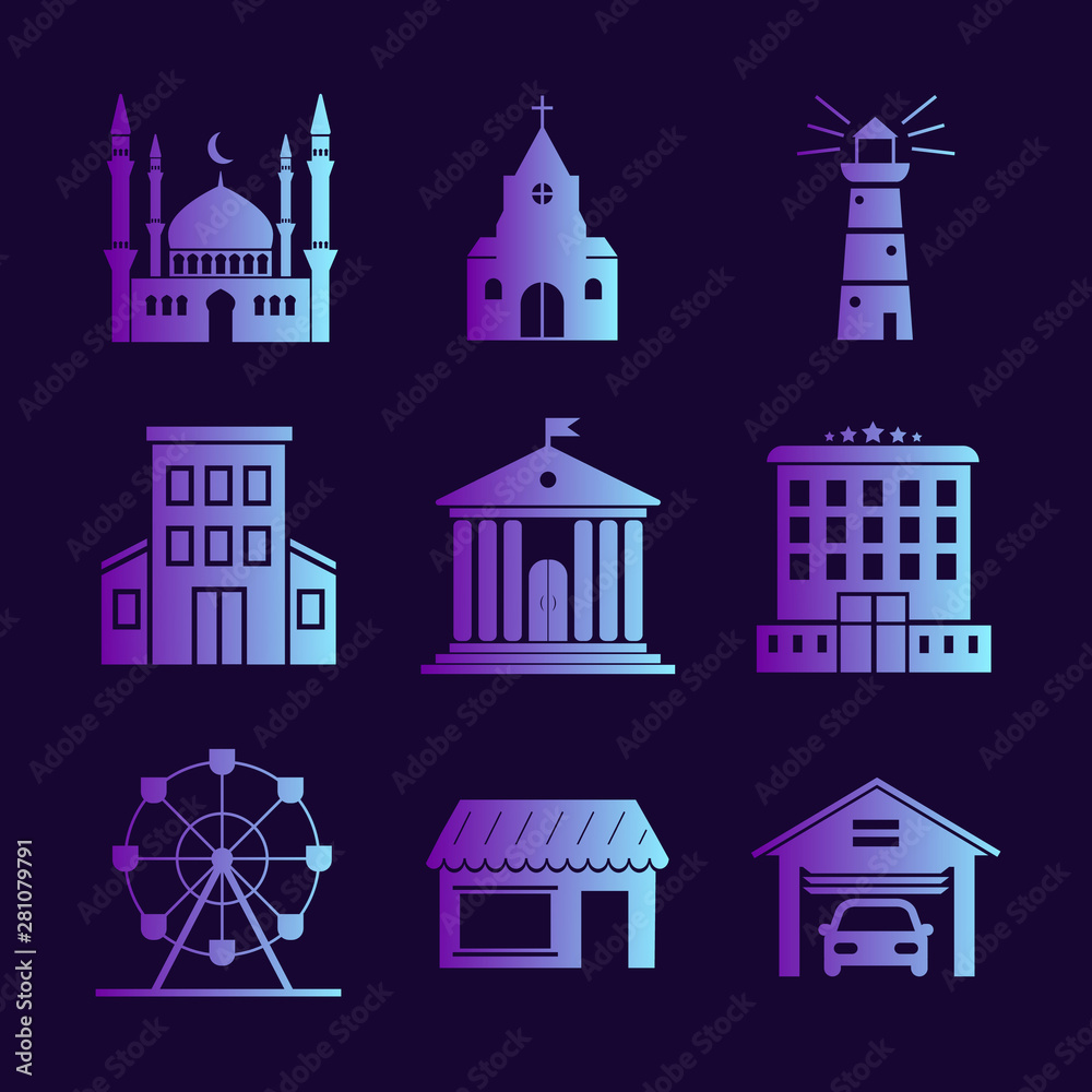 Collection of buildings. Cityscape set on dark background