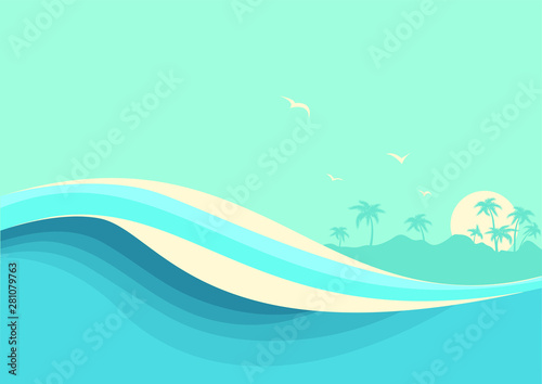 Big ocean waves .Vector seascape with sky background for text