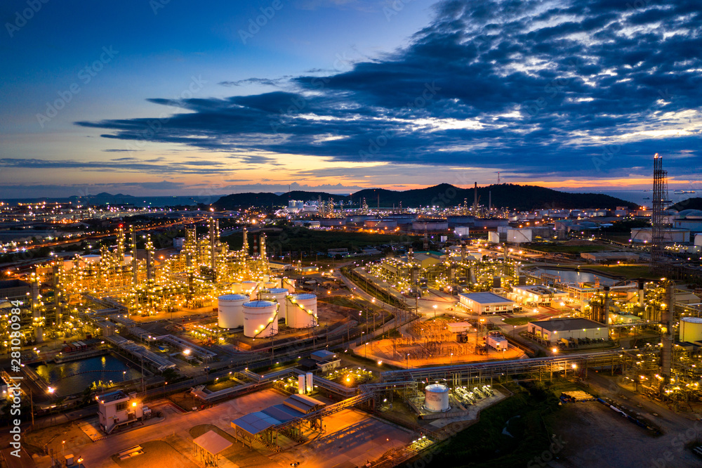 Aerial view of Oil refinery at twilight.