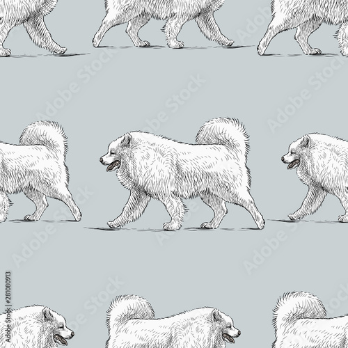 Seamless pattern of sketches of walking husky dog