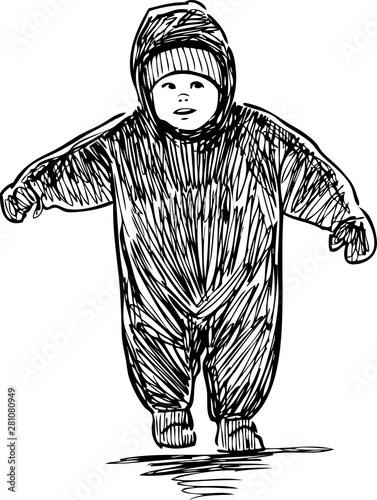 Sketch of a baby in overalls walking on a stroll
