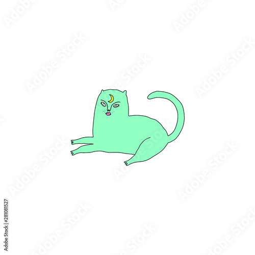 Handdrawn mystical green witch cat. Cartoon doodle stupid style. Halloween, pagan, witchcraft and fairy tale theme. Vector